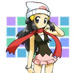  artist_request bangle beanie black_eyes black_hair bracelet hat hikari_(pokemon) jewelry long_hair lowres pokemon red_scarf scarf skirt solo 