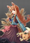  animal_ears bad_id bad_pixiv_id brown_hair cuteg holo long_hair red_eyes solo spice_and_wolf tail wolf_ears 