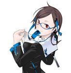  bad_id bad_pixiv_id brown_hair copyright_request earphones glasses hair_ornament hairpin mouth_hold papers red_eyes ribbon solo yasuda_suzuhito 