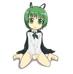  antennae barefoot bottomless cape covering covering_crotch feet green_eyes green_hair kusaba_(kusabashiki) shirt_tug short_hair solo touhou wriggle_nightbug 