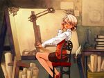  :d adjusting_hair ascot blonde_hair blue_eyes blush book chair drawing easel from_behind game_cg glasses legs long_legs looking_back mariella_grandback miniskirt office_lady ooyari_ashito open_mouth pencil_skirt quill ruler scroll shoes short_hair shoujo_mahou_gaku_littlewitch_romanesque sitting skirt smile solo thighs 