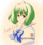  ahoge bad_id bad_pixiv_id bangs blue_bow blue_neckwear blush bow brown_eyes capelet character_name closed_mouth eyebrows_visible_through_hair green_hair hair_ribbon heart light_smile looking_at_viewer macross macross_frontier pink_ribbon ranka_lee ribbon short_hair signature solo tdk upper_body 