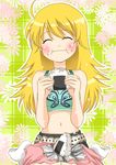  ahoge blonde_hair blush closed_eyes eating food food_on_face happy hoshii_miki idolmaster idolmaster_(classic) idolmaster_1 itsuki_sayaka kneeling long_hair midriff onigiri rice rice_on_face solo 