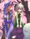  :o angry cherry_blossoms closed_fan fan folding_fan ghost hairband hat japanese_clothes kimono konpaku_youmu konpaku_youmu_(ghost) multiple_girls obentou petals pink_hair red_eyes ribbon saigyouji_yuyuko short_hair silver_hair tori_rui touhou 