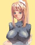  bad_id bad_pixiv_id blonde_hair blue_eyes bodysuit breast_squeeze breasts large_breasts metroid ponytail samus_aran shiny shiny_clothes skin_tight solo waa zero_suit 