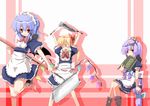  bat_wings blonde_hair blue_eyes blue_hair book flandre_scarlet frying_pan hair_ribbon maid maiku mop multiple_girls patchouli_knowledge purple_hair red_eyes remilia_scarlet ribbon spatula touhou wings 