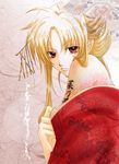  bare_shoulders blonde_hair fate_testarossa hair_bun japanese_clothes kimono lina_(interlude) lyrical_nanoha mahou_shoujo_lyrical_nanoha_strikers red_eyes solo tattoo undressing 