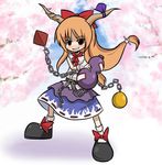  :d blue_skirt bow bowtie brown_eyes chain cherry_blossoms gourd grin hair_bow haro_(artist) horns ibuki_suika layered_skirt long_hair looking_at_viewer low-tied_long_hair mary_janes open_mouth orange_hair outdoors plant red_bow red_neckwear shoes skirt smile solo standing teeth touhou tree wrist_cuffs 