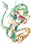  bare_legs braid dragon eastern_dragon fighting_stance green_eyes hat hong_meiling long_hair nabeshima_tetsuhiro no_socks pose red_hair side_slit solo standing standing_on_one_leg touhou twin_braids 