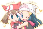  bandana beanie blue_eyes blue_hair blush brown_hair character_name chibi haruka_(pokemon) hat heart hikari_(pokemon) hug lowres manaka_(pdx) multiple_girls one_eye_closed pokemon pokemon_(game) pokemon_rse poketch scarf watch wristwatch 