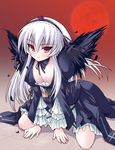  albino black_wings breasts cleavage feathers hairband large_breasts long_hair moon red_eyes red_moon rozen_maiden shinshin solo suigintou white_hair wings 
