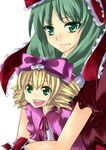  banned_artist blonde_hair bow crossover drill_hair frills front_ponytail green_eyes green_hair hair_bow hina_ichigo hug kagiyama_hina multiple_girls namesake pink_bow rozen_maiden suisen touhou 