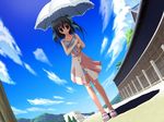  black_hair clear cloud day dress dutch_angle fisheye game_cg hair_ribbon mitha parasol red_eyes ribbon shoes sky solo twintails umbrella 