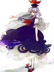  blue_dress blue_hair dress full_body hat iwamoto_zerogo kamishirasawa_keine long_hair multicolored_hair puffy_short_sleeves puffy_sleeves red_eyes short_sleeves simple_background skirt_hold solo standing touhou very_long_hair white_hair white_legwear wind 