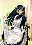  apron black_eyes black_hair blush bow frills genmukan highres long_hair maid maid_headdress petticoat scan scan_artifacts skirt skirt_lift smile solo tanaka_takayuki turtleneck watase_nozomi window 