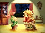  artist_request blonde_hair cactus detached_sleeves dress flower house imu_(lom) leg_warmers legend_of_mana lil'_cactus night plant potted_plant seiken_densetsu squatting star 