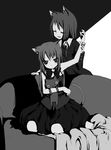  angry animal_ears bad_id bad_pixiv_id bell button_eyes cat_ears cat_tail closed_eyes couch doll_hug greyscale high_contrast long_hair monochrome multiple_girls namori original sitting stuffed_animal stuffed_cat stuffed_toy tail 