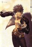  abs bangs belt black_gloves black_hair chest clenched_hand cowboy_shot dressing gloves jewelry katou_miyako light_smile long_sleeves looking_to_the_side loose_belt male_focus multiple_belts necklace official_art open_clothes outstretched_arm pants pendant red_eyes scan shadow_hearts shadow_hearts_ii sleeve_cuffs sleeves_past_wrists smile solo spiked_hair toned toned_male yuri_hyuga 