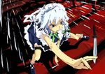  between_fingers blue_eyes braid foreshortening hands izayoi_sakuya keisan knife maid ribbon solo touhou twin_braids white_hair 