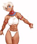  abs blue_eyes dark_skin elena_(street_fighter) ez6 jewelry midriff muscle muscular_female neck_ring short_hair solo street_fighter street_fighter_iii_(series) white_hair 