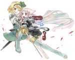 armor bad_id bad_pixiv_id blonde_hair boots copyright_request goat green_footwear hair_ribbon multiple_girls nishihara_isao pink_hair rapier red_eyes ribbon shoe_dangle shoes single_shoe sword thigh_boots thighhighs weapon yellow_eyes 