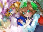  animal_ears blonde_hair blue_hair brown_hair cat_ears cat_tail chen earrings fox_tail green_eyes hat jewelry multiple_girls multiple_tails narumi_(uminari) short_hair tail touhou yakumo_ran 