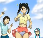  amasawa_yuuko brown_eyes brown_hair character_request cosplay dennou_coil doraemon doraemon_(character) doraemon_(character)_(cosplay) flat_chest glasses kakkii midriff multiple_girls okonogi_yuuko panties pantyshot short_hair twintails underwear wind wind_lift 