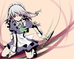  bad_id bad_pixiv_id braid hair_ribbon izayoi_sakuya knife maid mita_soumu purple_eyes ribbon short_hair silver_hair solo touhou wrist_cuffs 