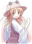  :d blonde_hair blush green_eyes hair_ribbon hat long_hair looking_back mizoguchi_keiji moriya_suwako open_mouth ribbon smile solo sunlight touhou wide_sleeves 