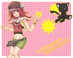  artist_request brown_eyes groin hat midriff misaki_shiki mr._mew navel red_hair shorts skirt stuffed_animal stuffed_toy subarashiki_kono_sekai wristband 