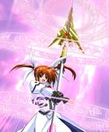  bow fingerless_gloves gloves hair_ribbon kagura_yuuto lyrical_nanoha magic_circle magical_girl mahou_shoujo_lyrical_nanoha mahou_shoujo_lyrical_nanoha_a's octagram purple_eyes raising_heart red_bow red_hair ribbon solo staff star_of_lakshmi takamachi_nanoha twintails 