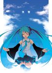  bad_id bad_pixiv_id closed_eyes cloud day detached_sleeves green_hair hatsune_miku long_hair necktie open_mouth skirt sky solo tatami_to_hinoki thighhighs twintails vocaloid 