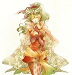  cape closed_eyes cowboy_shot dress earrings final_fantasy final_fantasy_vi flower flower_wreath green_hair hair_ribbon head_wreath holding holding_flower jewelry lily_(flower) long_hair pantyhose ponytail print_legwear ribbon short_dress solo tina_branford traditional_media yoki_(artist) 