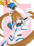  black_gloves blue_eyes border brown_hair cowboy_shot dress fingerless_gloves gloves holding holding_weapon lance left-handed long_hair long_sleeves looking_at_viewer lyrical_nanoha magical_girl mahou_shoujo_lyrical_nanoha_strikers polearm raising_heart solo takamachi_nanoha twintails uniform very_long_hair weapon white_dress yude 