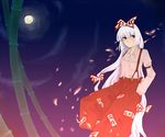  ameri bamboo bangs blunt_bangs closed_mouth collared_shirt expressionless fujiwara_no_mokou full_moon long_hair long_sleeves looking_at_viewer moon night night_sky ofuda outdoors pants plant red_eyes shirt silver_hair sky solo suspenders touhou very_long_hair 