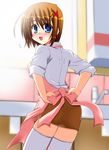  apron blush brown_hair hair_ornament kitchen lask lyrical_nanoha mahou_shoujo_lyrical_nanoha_strikers shirt sleeves_rolled_up solo thighhighs white_shirt x_hair_ornament yagami_hayate 