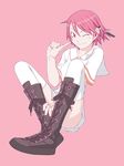  bad_id bad_pixiv_id boots kamisama_kazoku kamiyama_tenko one_eye_closed pink pink_background pink_hair skirt solo thighhighs yasuda_suzuhito zettai_ryouiki 