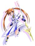  artist_request fingerless_gloves gloves hair_ribbon jacket left-handed lyrical_nanoha magazine_(weapon) magical_girl mahou_shoujo_lyrical_nanoha mahou_shoujo_lyrical_nanoha_a's open_clothes open_jacket purple_eyes raising_heart red_hair ribbon solo takamachi_nanoha twintails 