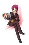  artist_request bazett_fraga_mcremitz caloriemate fate/hollow_ataraxia fate/stay_night fate_(series) food formal magazine mouth_hold pant_suit purple_hair reading short_hair solo suit 