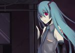  aqua_nails aqua_neckwear bangs banned_artist bare_shoulders detached_sleeves green_hair hair_between_eyes harano hatsune_miku long_hair looking_at_viewer looking_to_the_side nail_polish necktie parted_lips red_eyes sleeveless solo twintails upper_body vocaloid 