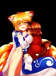  animal_ears blonde_hair breast_grab brown_eyes brown_hair cat_ears cat_tail chen dress earrings fangs fox_ears fox_tail grabbing jewelry leg_between_thighs looking_at_viewer mizuga multiple_girls multiple_tails naughty_face nekomata no_hat no_headwear open_mouth red_dress shirt short_hair sitting sitting_on_lap sitting_on_person smile sweat tabard tail touhou white_dress yakumo_ran yellow_eyes yuri 