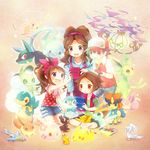  2girls aircraft airplane altaria alternate_color baseball_cap blue_eyes brown_hair celebi chandelure child eevee espeon gen_1_pokemon gen_2_pokemon gen_3_pokemon gen_4_pokemon gen_5_pokemon hairband handheld_game_console hat keldeo kokoroko legendary_pokemon long_hair lucario mew multiple_boys multiple_girls munna nintendo_ds pikachu piplup pokemon pokemon_(creature) pokemon_(game) pokemon_bw pokemon_rgby ponytail purple_eyes red_(pokemon) red_eyes reshiram shiny_pokemon short_hair skitty snivy touko_(pokemon) touya_(pokemon) toy vest victini zekrom 