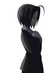  ahoge black_hair brown_eyes chihaya_72 dark formal glowing grey grey_eyes grey_hair hands_on_own_chest idolmaster idolmaster_(classic) idolmaster_2 jewelry long_sleeves miura_azusa profile ring sad short_hair simple_background solo standing suit white_background 