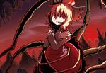  blonde_hair bow crossed_arms dress frown hair_bow hair_bun hakika insect_girl kurodani_yamame red_eyes sad short_hair solo spider_girl touhou 