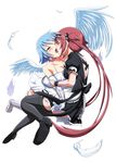  airi_(queen's_blade) arm_grab asymmetrical_wings bare_shoulders black_legwear blue_hair blush bow breasts cleavage closed_eyes dress elbow_gloves feathers forced french_kiss gloves highres kiss long_hair maid maid_headdress multiple_girls nanael queen's_blade red_eyes saliva shirosame short_hair simple_background small_breasts tears thighhighs tongue twintails white_legwear white_wings wince wings yuri 