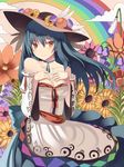  adapted_costume bare_shoulders blue_hair blush breasts choker cleavage detached_sleeves dress flower hat hat_flower hinanawi_tenshi kureha_(ironika) long_hair rainbow red_eyes ribbon_choker small_breasts smile solo sunflower touhou tsurime 