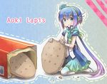  aoki_lapis bad_id bad_pixiv_id blue_eyes boots character_name chibi cookie eating food gloves headset long_hair maruyama-jp minigirl multicolored_hair ponytail scarf sitting skirt solo thigh_boots thighhighs tourmaline vocaloid white_gloves white_legwear 