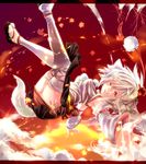  animal_ears armpits breasts cloud detached_sleeves flying hat inubashiri_momiji leaf maple_leaf open_mouth pom_pom_(clothes) rathke red_eyes sandals short_hair small_breasts solo tail thighhighs tokin_hat touhou white_hair white_legwear wolf_ears wolf_tail 