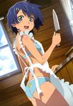  :d absurdres ano_natsu_de_matteru apron aqua_eyes ass bikini blue_hair blush cooking hair_ornament hairclip highres knife looking_back naked_apron nearly_naked_apron nyantype official_art open_mouth scan short_hair smile solo swimsuit tanaka_masayoshi tanigawa_kanna 