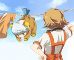  apron blush brown_hair character_doll chibi chirukome clothesline from_behind grey_eyes grey_hair hanamura_yousuke hand_on_hip hand_on_own_face headphones headphones_around_neck lowres male_focus multiple_boys narukami_yuu persona persona_4 